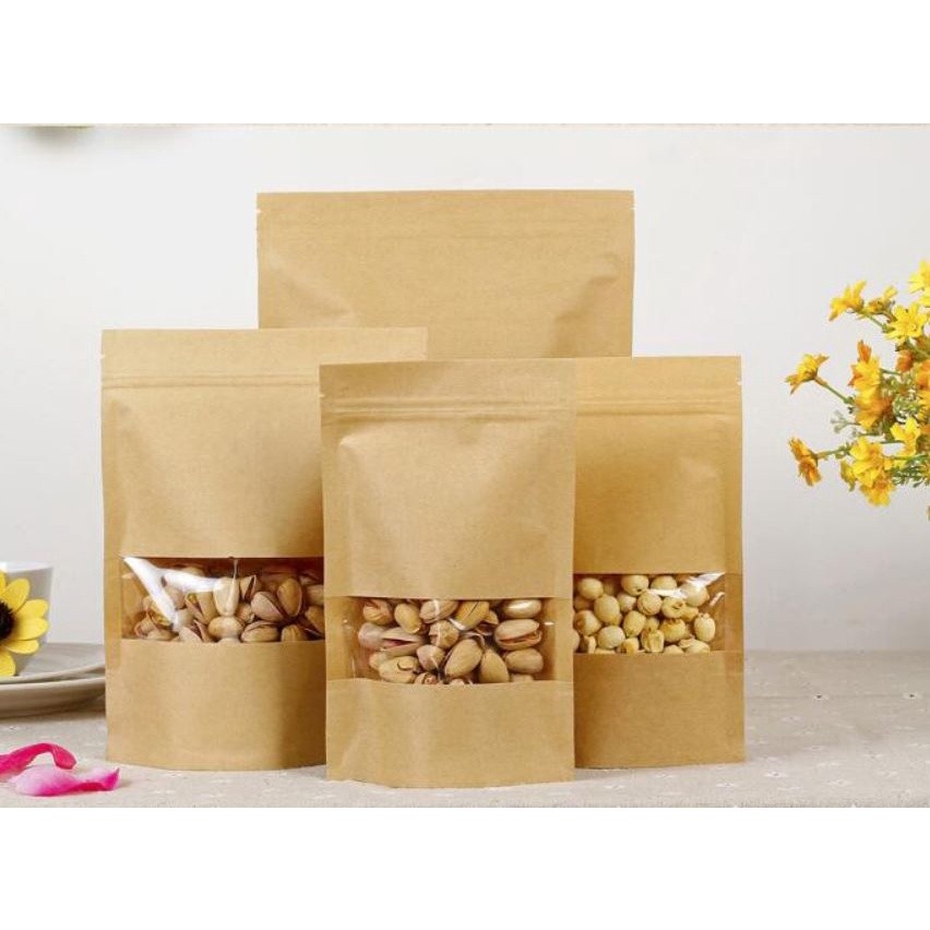 100pcs/lot 14x20cm Brown Kraft Paper Gift Bags Candy Packaging Recyclable Zip Lock Bag Food Bread Shopping Party(157L)