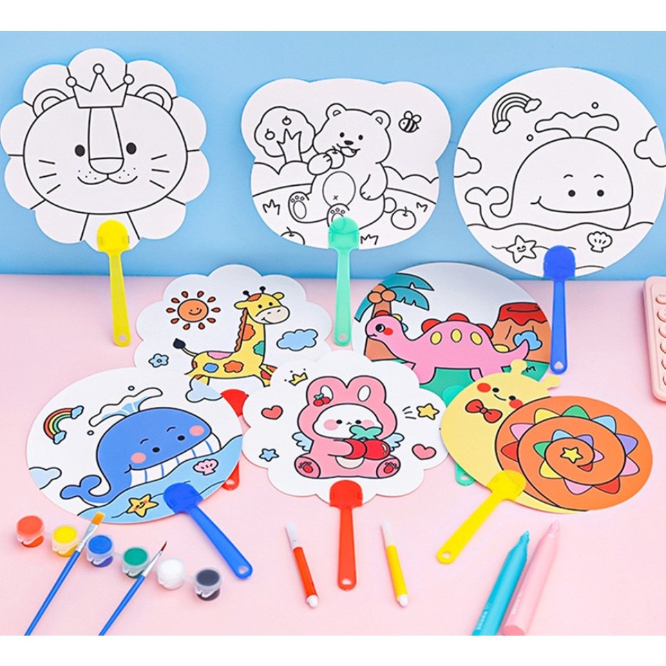 1pc Pattern Children's Cute Cartoon Graffiti Fans Hand-Painted Gifts Painted Plastic Circular Fans涂鸦彩绘小扇子(2415L) - Image 3