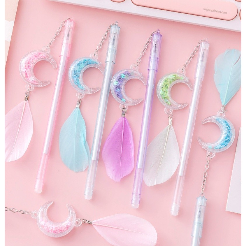 1pc 0.5mm Sequin Feather Moon Pendant Black ink Gel Pen Net Red Girl Student Stationery Water-based 笔创意可爱笔(2352L) - Image 5