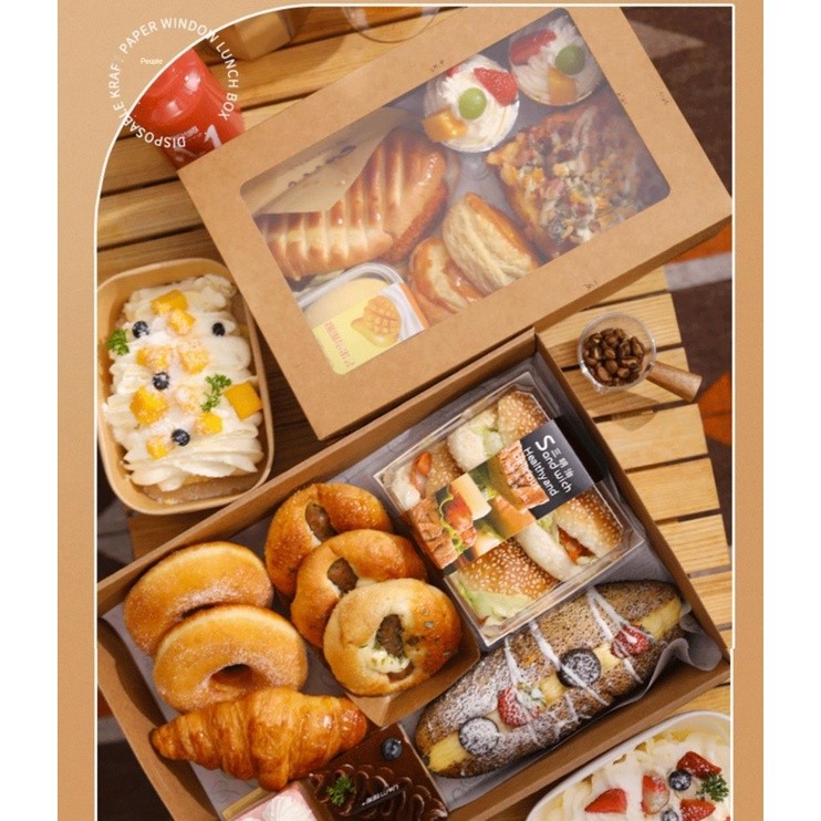 Kraft Paper Afternoon tea picnic box spring outing food tiramisu box bento packing box Christmas Gift Boxes牛皮纸打包盒(2333L)