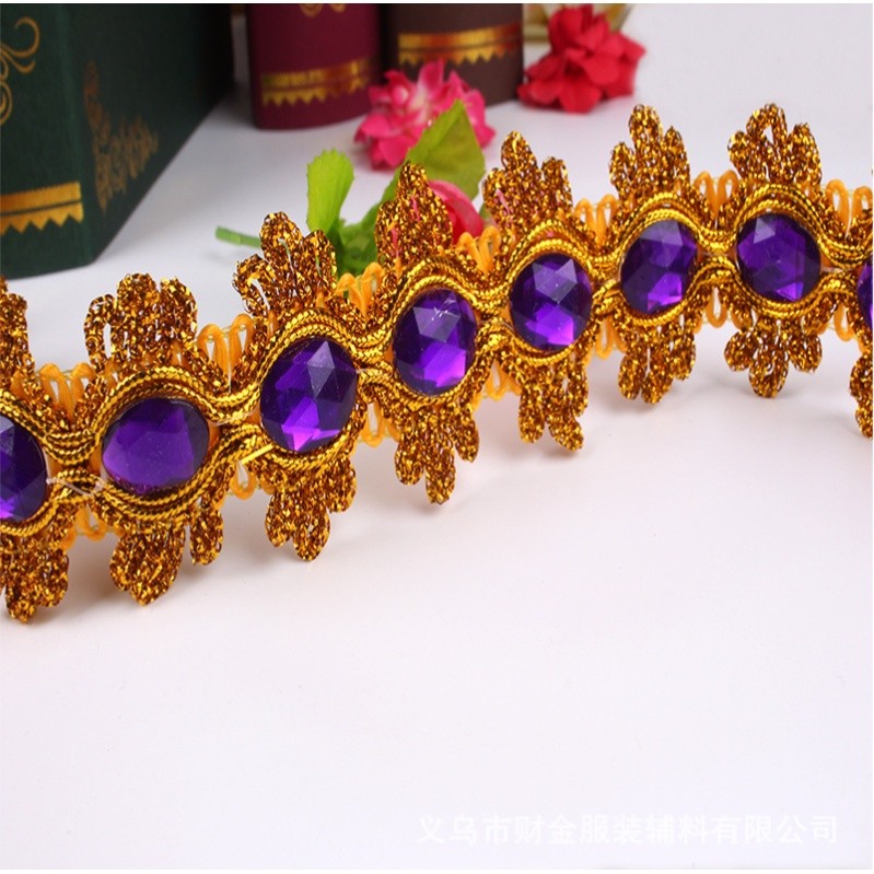 1yard 8.5cm Gemstone Sewing Edge Trim Lace Golden/Silver Ribbon Dress Skirt Wedding Decoration 彩色贴钻花边 (1537L) - Image 11