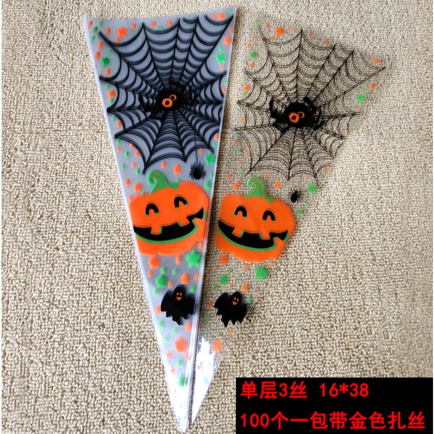 100pcs Counts Pumkin Cone Bag Halloween Pumpkin Patterned Cone Cellophane Bags Treat Candy Bags(841L) - Image 15