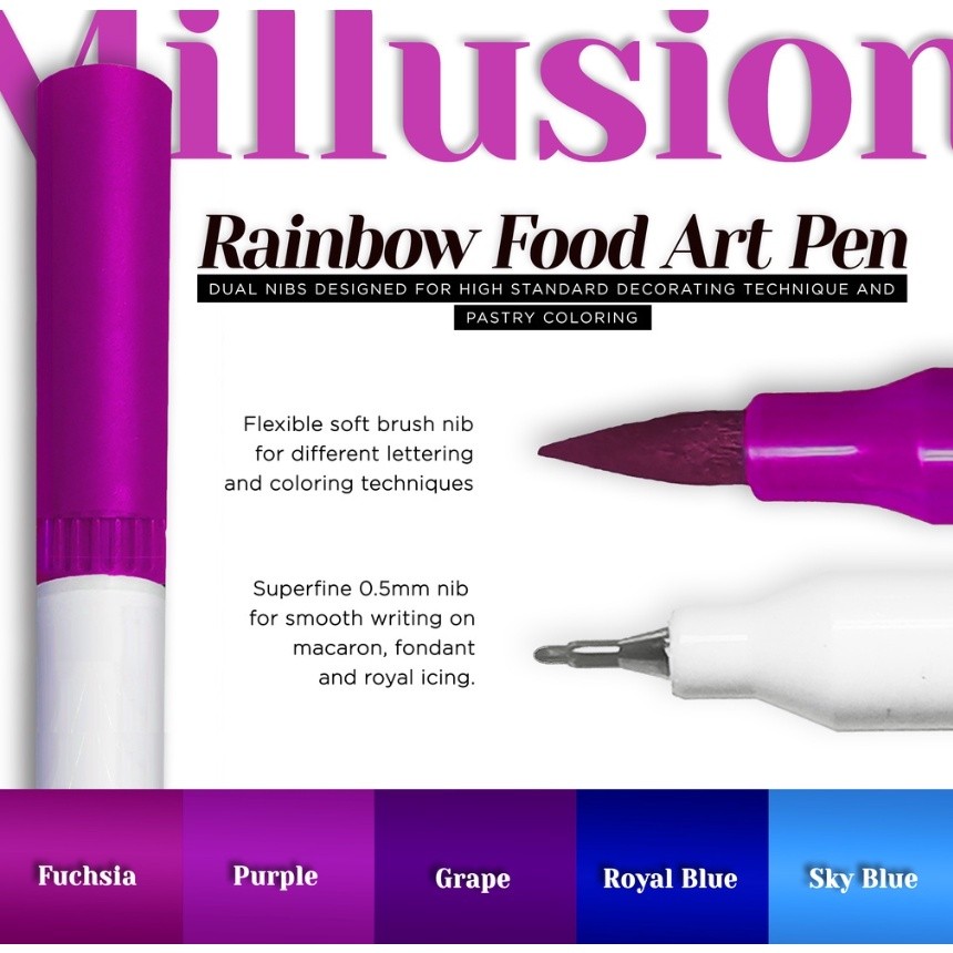 Millusion Edible Food Art Pen Cake Marker- Dual Nibs Edible Pen Cake Writing Halal Certified 烘焙食用色素笔(2614L) - Image 2