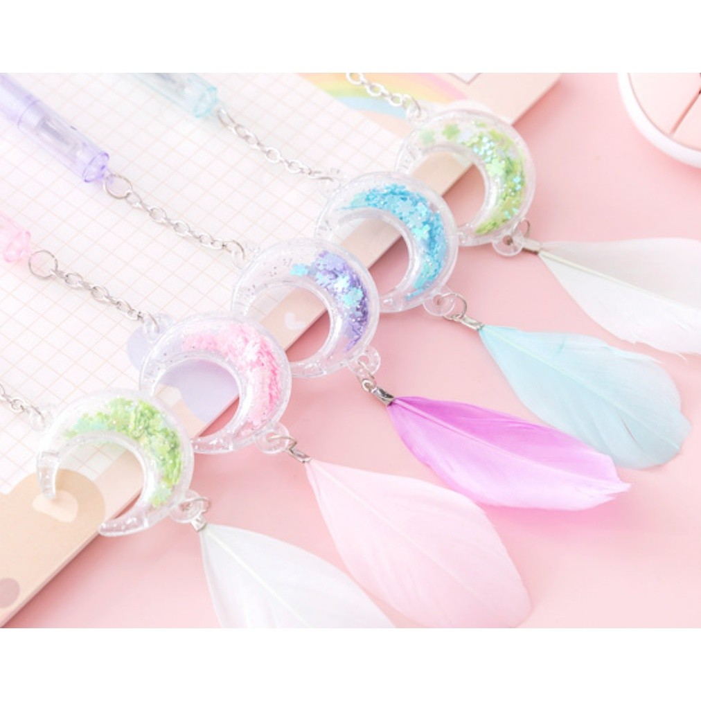 1pc 0.5mm Sequin Feather Moon Pendant Black ink Gel Pen Net Red Girl Student Stationery Water-based 笔创意可爱笔(2352L)