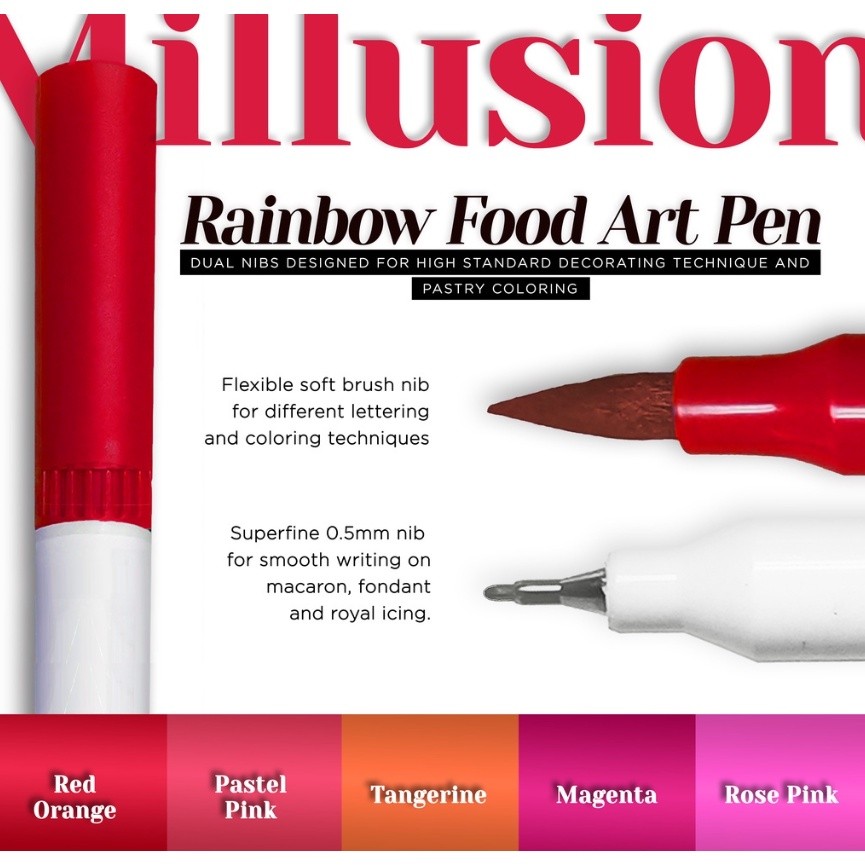 Millusion Edible Food Art Pen Cake Marker- Dual Nibs Edible Pen Cake Writing Halal Certified 烘焙食用色素笔(2614L) - Image 3
