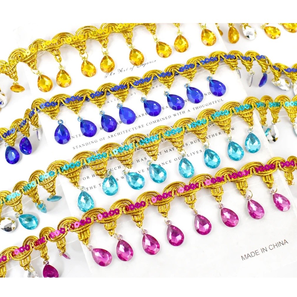 1yard 4.5cm Bobbin Fringe Lace Rhinestone Braided Ribbons Sewing Apparel Trims Accessories 滴水吊钻 民族风彩色吊珠 (2687L) - Image 2