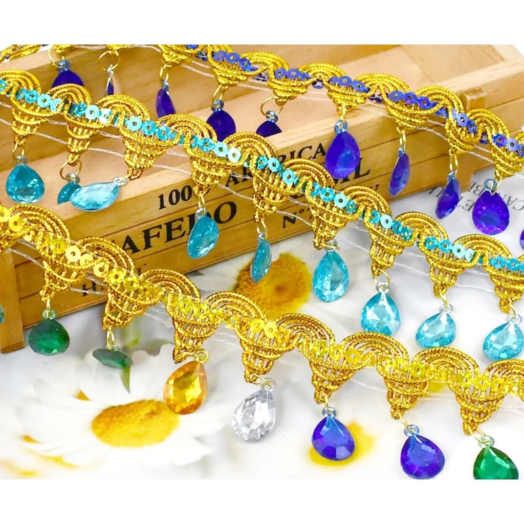 1yard 4.5cm Bobbin Fringe Lace Rhinestone Braided Ribbons Sewing Apparel Trims Accessories 滴水吊钻 民族风彩色吊珠 (2687L) - Image 4