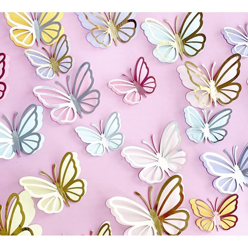 3pcs 3D 4.5cm/6cm/7.5cm Metallic Texture Gold Silver Butterfly Cake Topper Cupcake Decor For Wedding 双层蝴蝶蛋糕装饰(2600L)