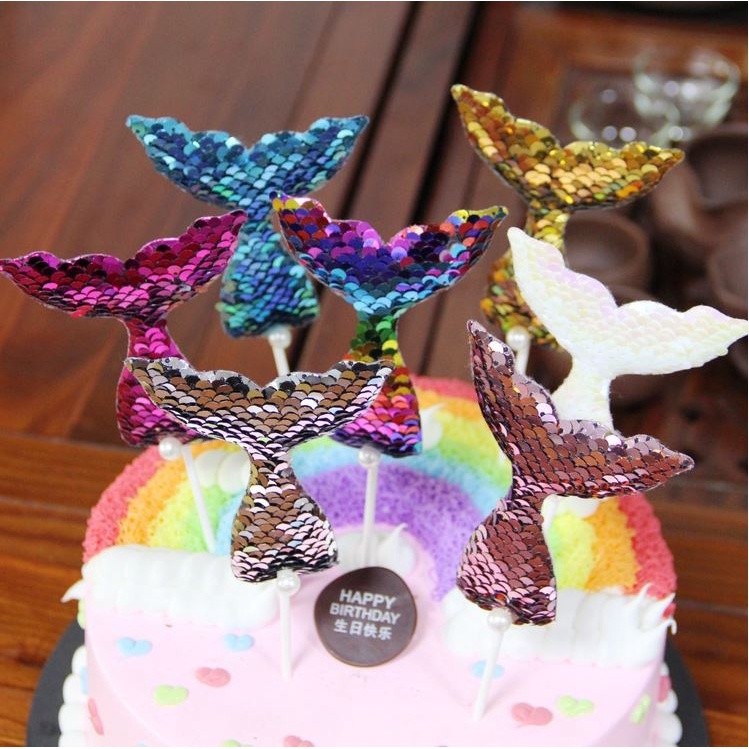 Mermaid Birthday Cake Topper Multicolor Sequins Cake Decorations Baby Shower DIY Cake Top Flags Decor Festival(1132L) - Image 3