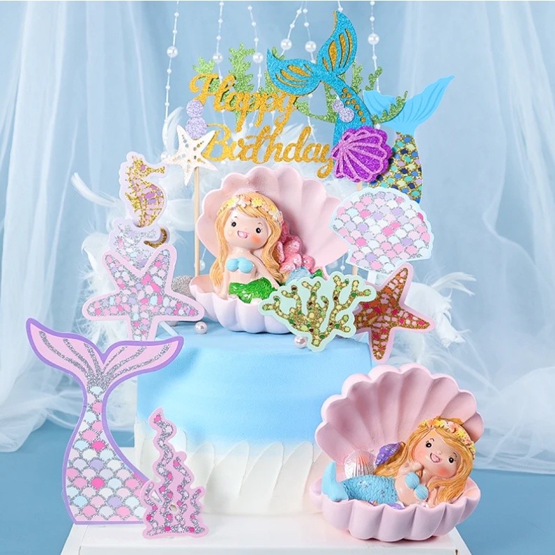 Mermaid Birthday Cake Topper Multicolor Sequins Cake Decorations Baby Shower DIY Cake Top Flags Decor Festival(1132L)