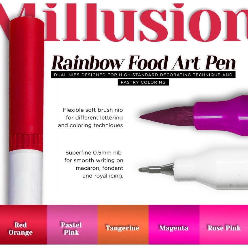 Millusion Edible Food Art Pen Cake Marker- Dual Nibs Edible Pen Cake Writing Halal Certified 烘焙食用色素笔(2614L) - Image 5