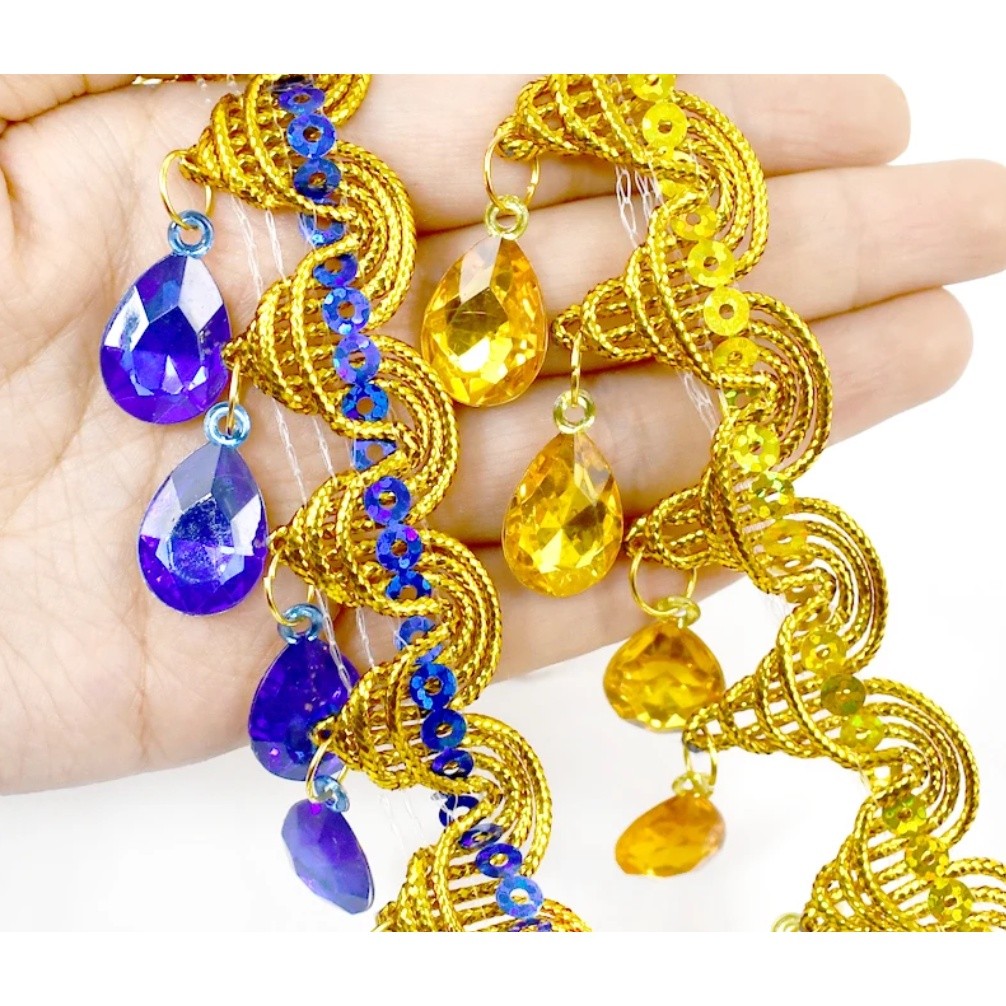 1yard 4.5cm Bobbin Fringe Lace Rhinestone Braided Ribbons Sewing Apparel Trims Accessories 滴水吊钻 民族风彩色吊珠 (2687L) - Image 6