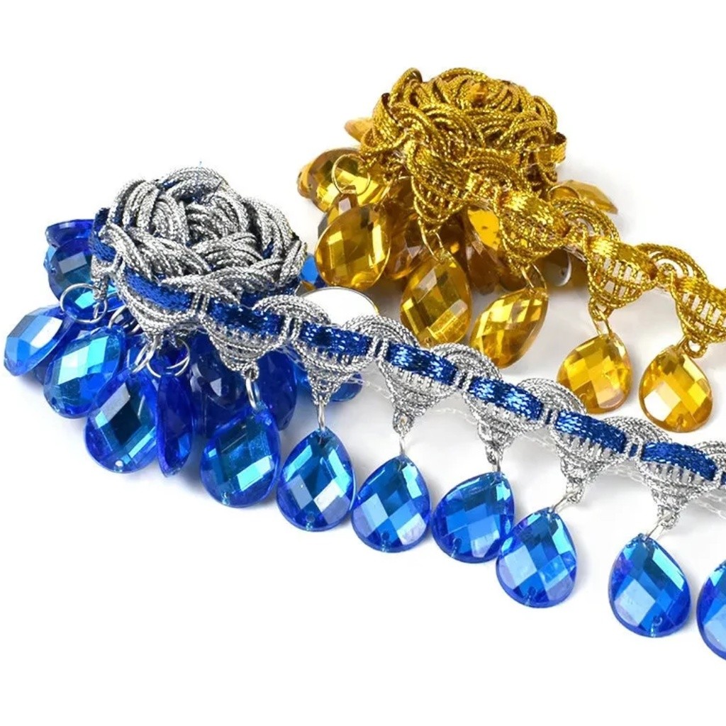 1yard 4.5cm Bobbin Fringe Lace Rhinestone Braided Ribbons Sewing Apparel Trims Accessories 滴水吊钻 民族风彩色吊珠 (2687L) - Image 7