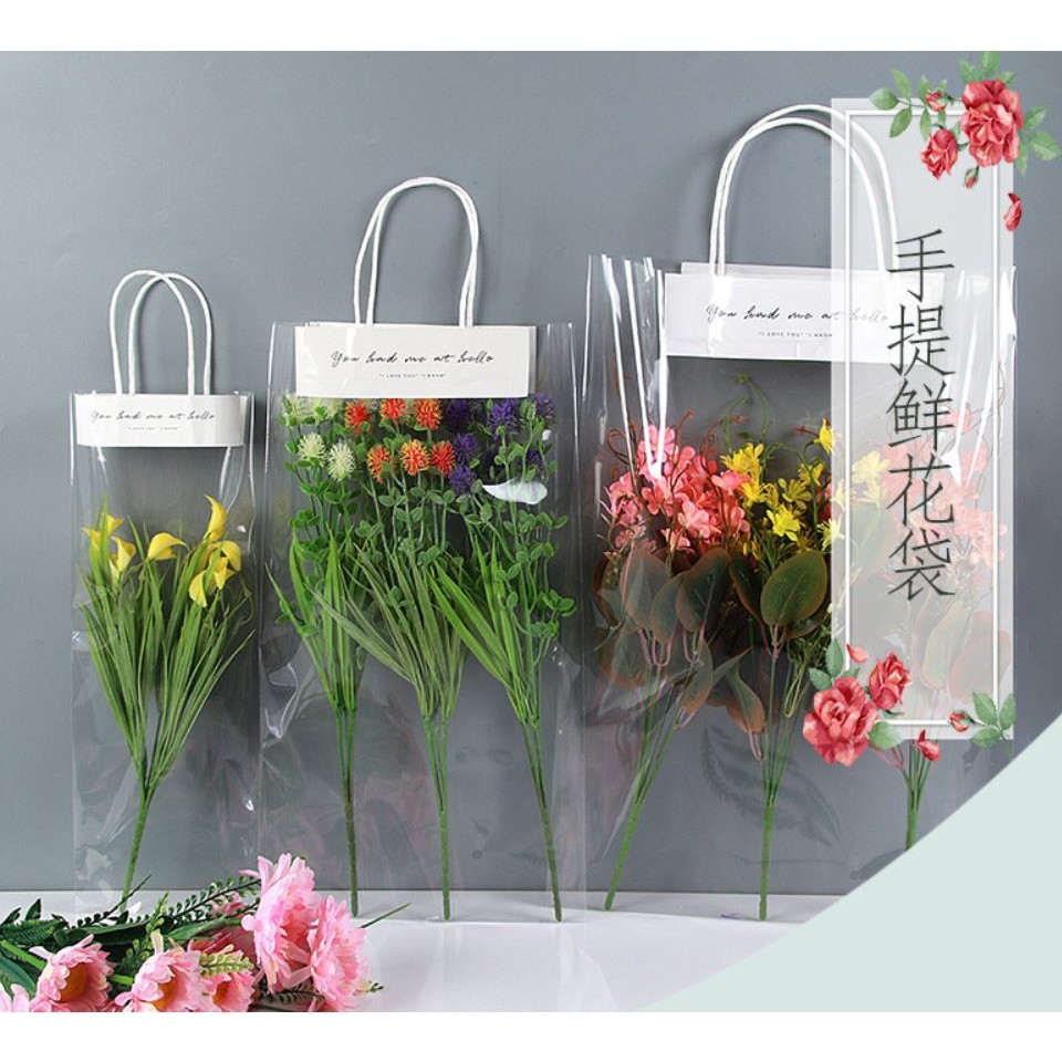 2pcs Florist Decoration Long Tote PVC Clear Bag Flower Bouquet Bagging Portable Transparent Gift Bag(1106L)