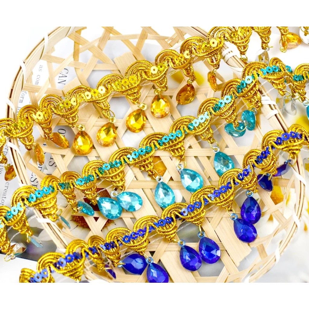 1yard 4.5cm Bobbin Fringe Lace Rhinestone Braided Ribbons Sewing Apparel Trims Accessories 滴水吊钻 民族风彩色吊珠 (2687L) - Image 5