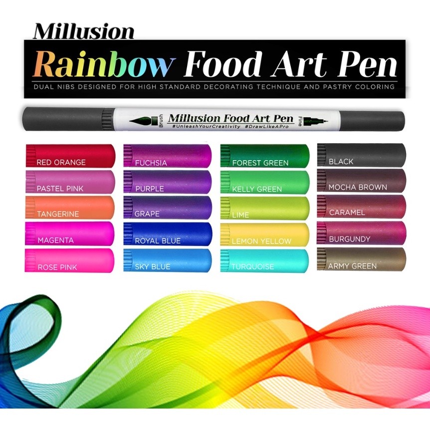 Millusion Edible Food Art Pen Cake Marker- Dual Nibs Edible Pen Cake Writing Halal Certified 烘焙食用色素笔(2614L)