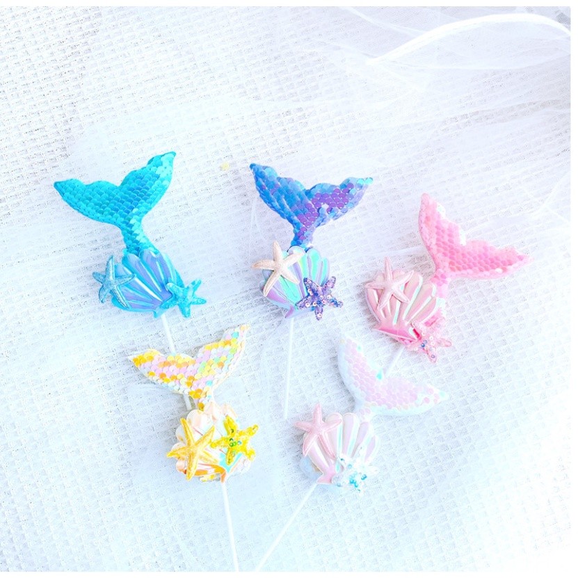 Mermaid Birthday Cake Topper Multicolor Sequins Cake Decorations Baby Shower DIY Cake Top Flags Decor Festival(1132L) - Image 2