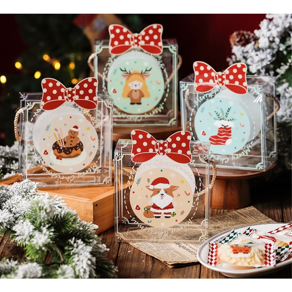 1PC Christmas Gift Box with Handle Santa Claus Candy Snack Packaging Tote Bag New Year 2023 Xmas 圣诞节饼干包装透明盒子(2678L)