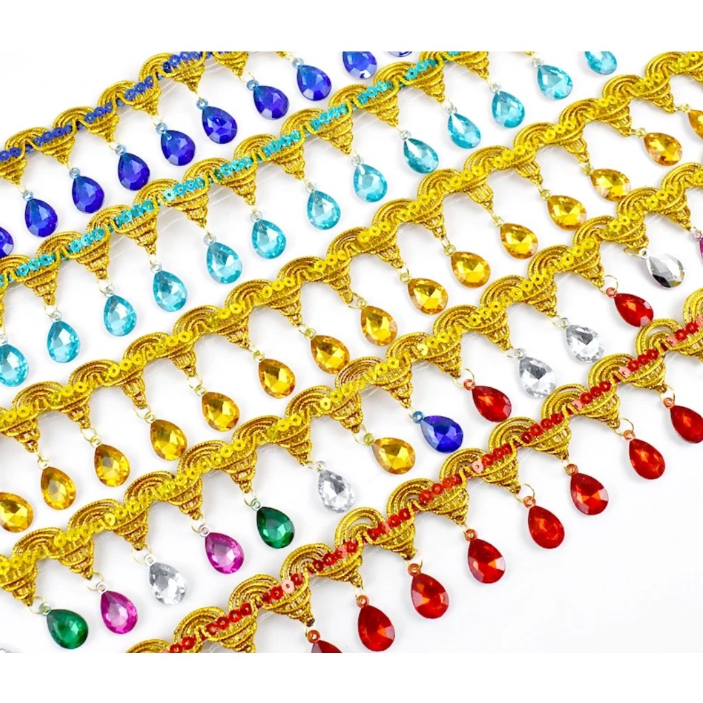 1yard 4.5cm Bobbin Fringe Lace Rhinestone Braided Ribbons Sewing Apparel Trims Accessories 滴水吊钻 民族风彩色吊珠 (2687L)