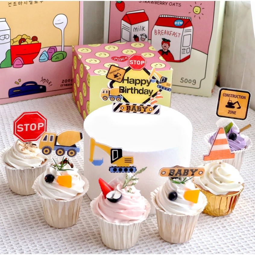 7/12pcs Construction vehicle excavator Cake Toppers for Boy`s Happy Birthday Party Cupcake Topper(1083L)
