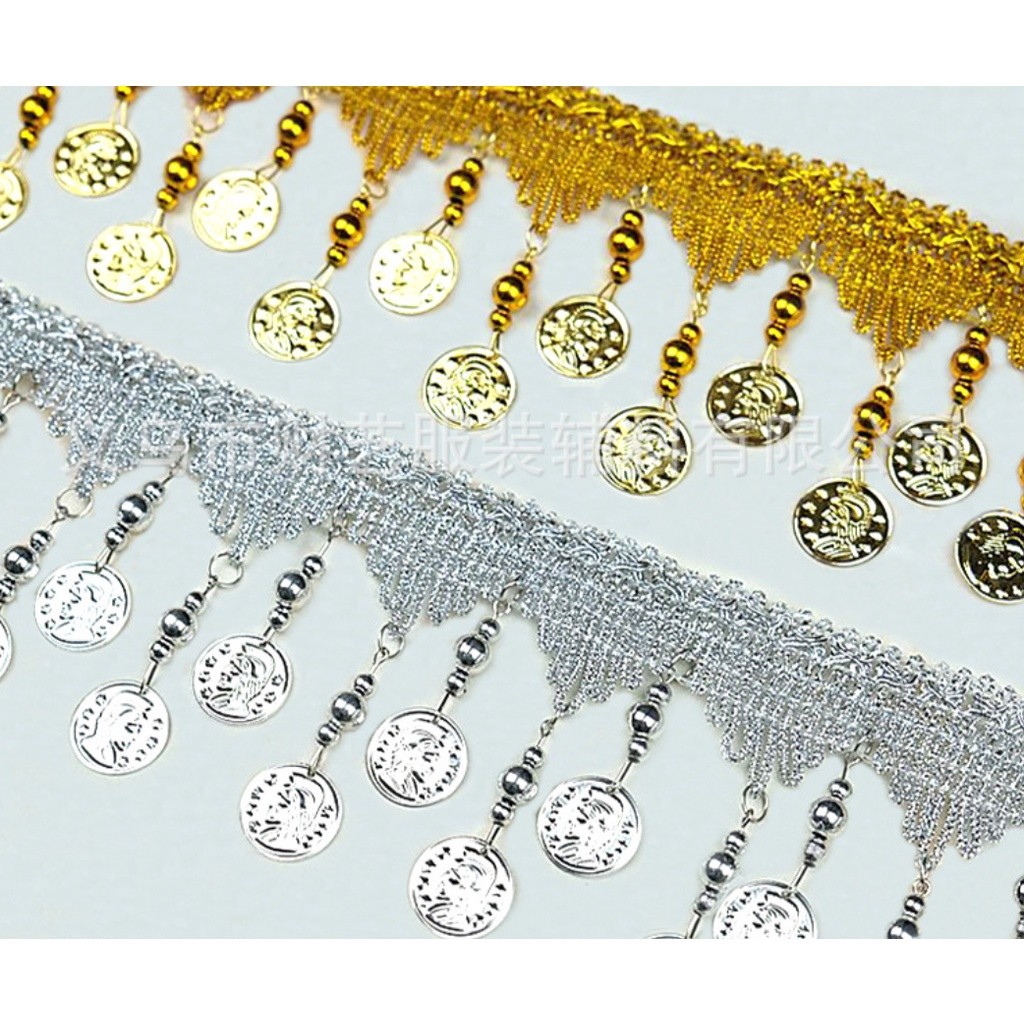 1yard 30mm~85mm Gold and silver lace with bell and coin Lace Trims Wedding Lace Fabric DIY Fringe 金币铃铛吊坠花 (1565L) - Image 5
