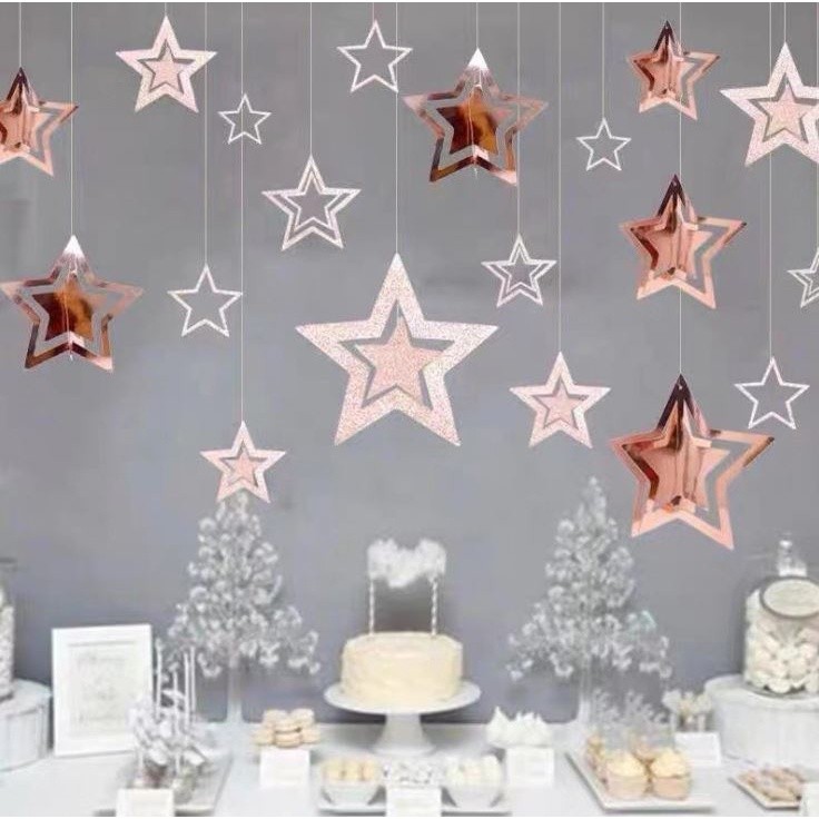 Twinkle Little Star Themed Party 3D Champagne Gold Hollow Star Garlands Hanging Decoration for Birthday (1237L)