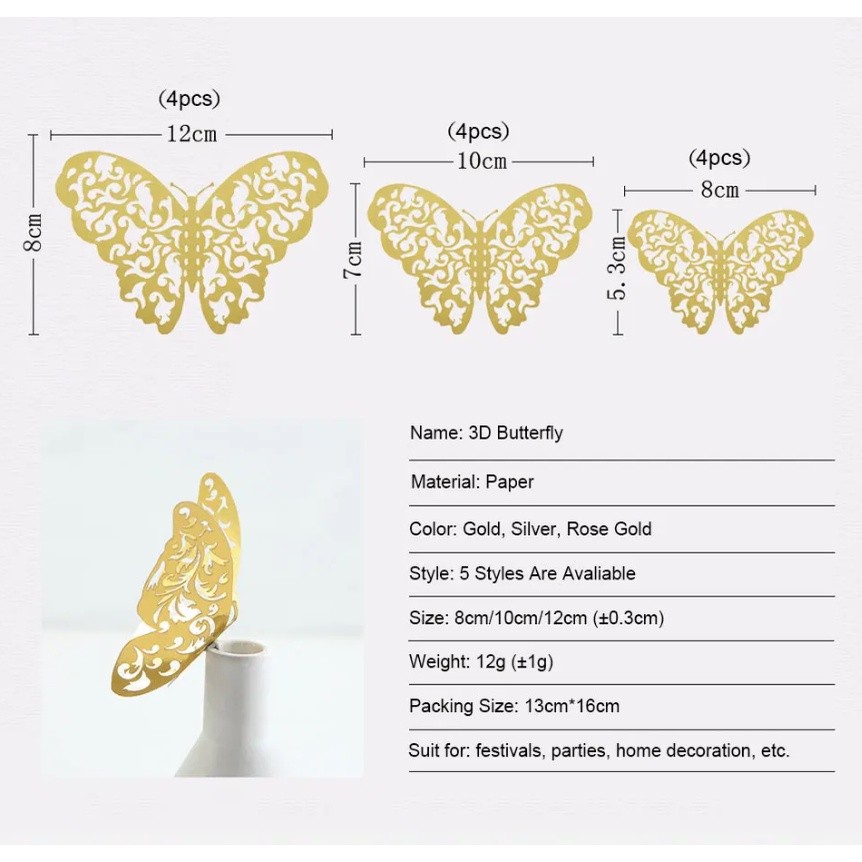 1set Wall Stickers 3D Hollow Rosegold Butterfly Decorative Sticker for Home Living Room Bedroom Kids Room双面蝴蝶(2558L) - Image 7