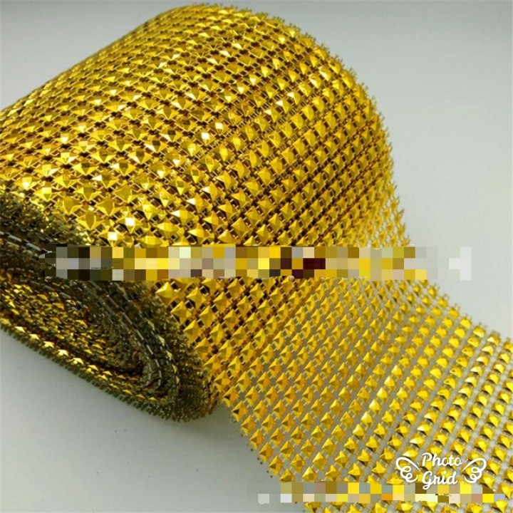1yard 18rows Gold Pyramid Diamond Mesh Wrap Ribbon Rhinestone Mesh Roll (929L) - Image 2