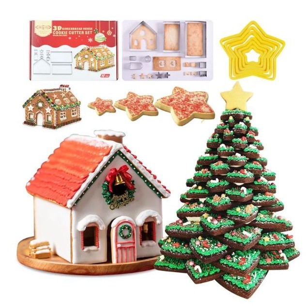 10PCS/Set Stainless Steel Christmas Cookie Cutters Xmas Tree Star House Bells Snowflake Baking Cake Biscuit (2373L)
