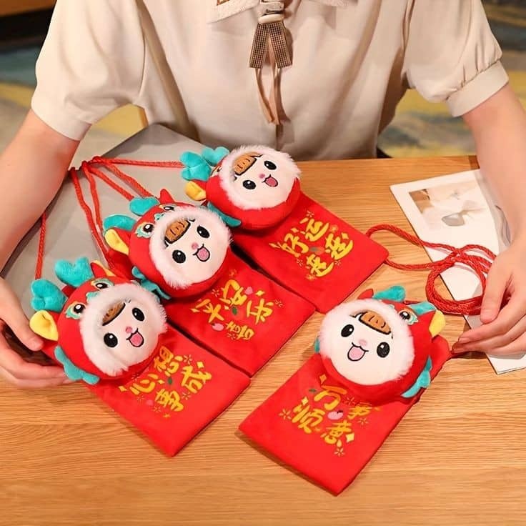 Dragon Year Plush Red Envelopes 2024 Chinese New Year Gift Bag Money Bags Hong Bao Creative Dragon Crossbody Bag(2724L)