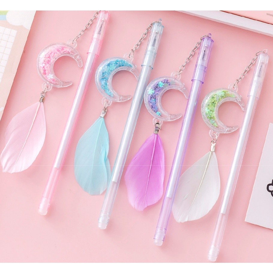 1pc 0.5mm Sequin Feather Moon Pendant Black ink Gel Pen Net Red Girl Student Stationery Water-based 笔创意可爱笔(2352L) - Image 2