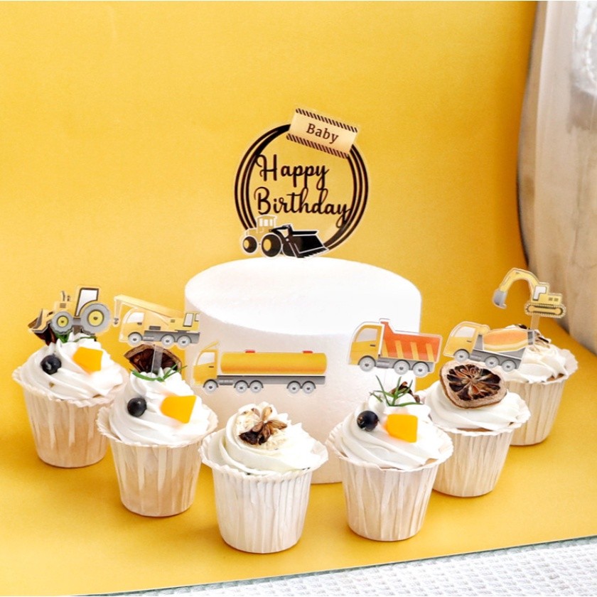 7/12pcs Construction vehicle excavator Cake Toppers for Boy`s Happy Birthday Party Cupcake Topper(1083L) - Image 3