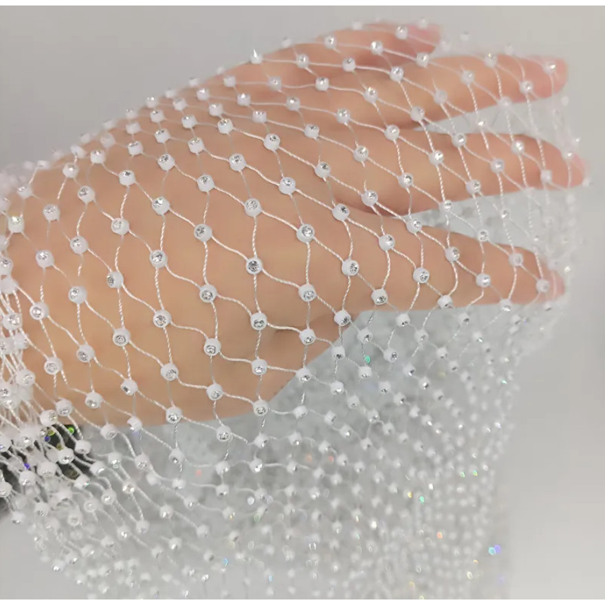 Black White Fishing Net Line Stone Crystal Rhinestone Connection Fabric Ins Hot Designer for DIY Dress 弹力拉伸渔网线钻排钻(2798L)