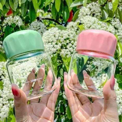 Mini Cute Kawaii Glass Water Bottle 220ml Small Drinking Bottle with Scale Portable Woman Glass Tumbler Girl Milk(2855L)