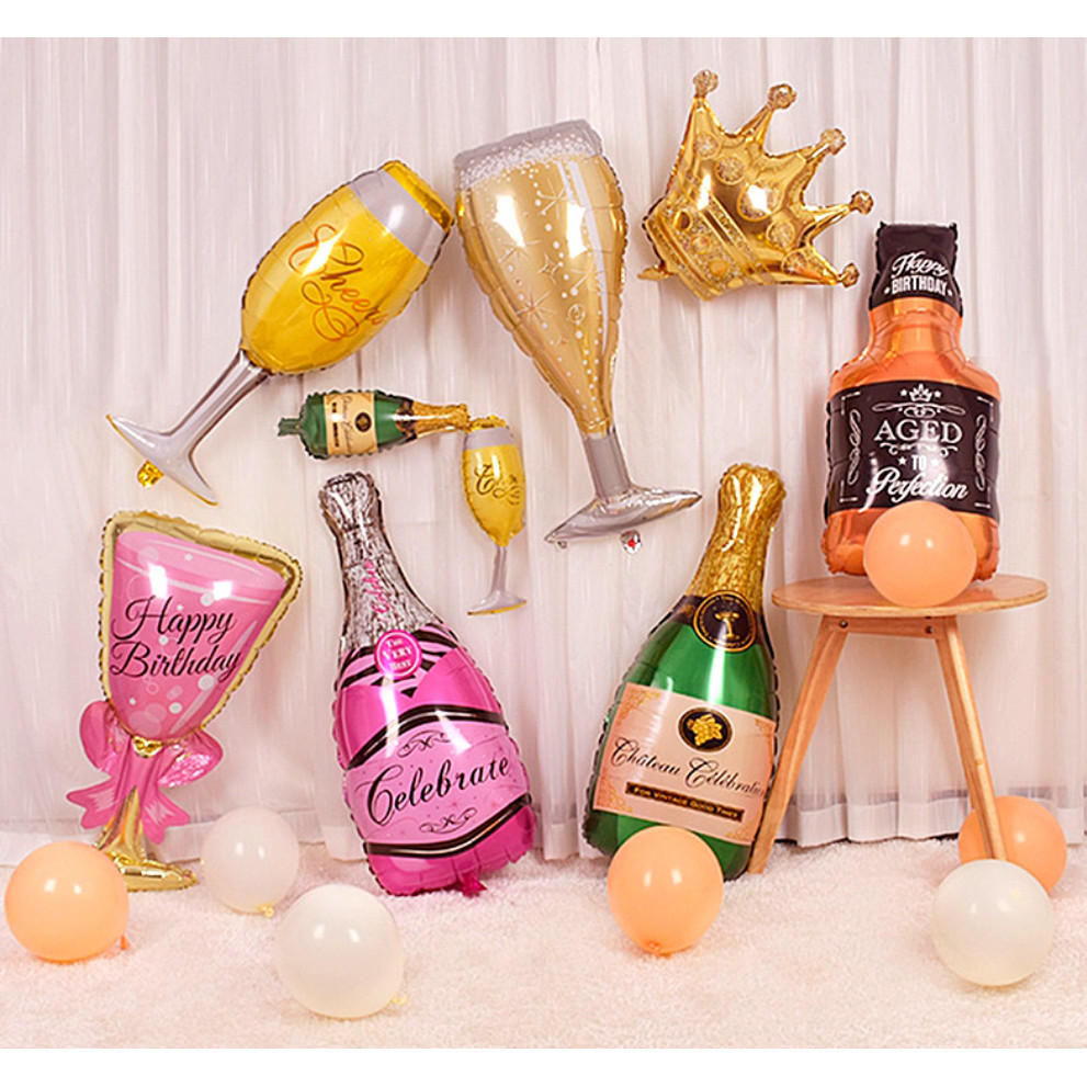 Large champagne bottle, balloon, birthday glass, goblet party, bubble party, flamingo cocktail 大号香槟酒瓶酒杯铝膜气球 (213L)