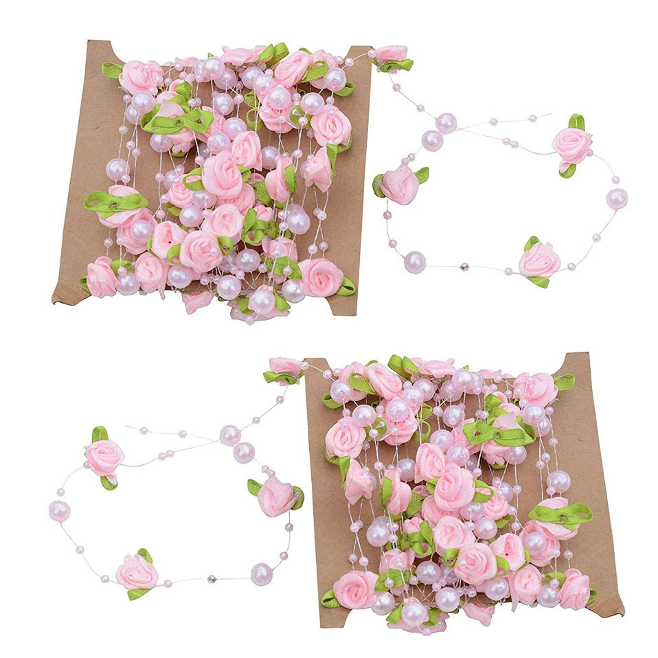 1yard Fishing Line Artificial Pearls Beads Handmade Silk Rose Chain Garland Flower DIY Wedding 玫瑰仿珍珠叶串珠丝带 (1174L) - Image 8