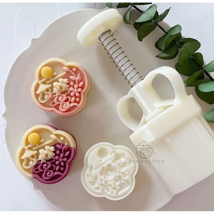 50g 63g Creative Mid-Autumn Mooncake Pressed Mould Bunny Moon Pattern Stamp Dec中式国风立体广寒宫中秋节月饼模具满月月桂兔(2918L)