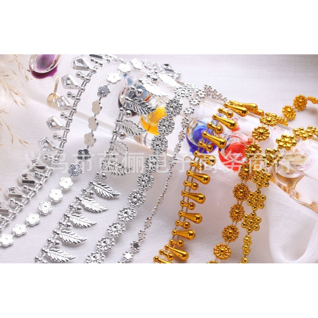1yard 2cm Gold Silver Leaf Chain Plastic beads Ribbon For Cosplay Performance Sewing Accessories DIY Crafts 吊坠珠链(1550L)