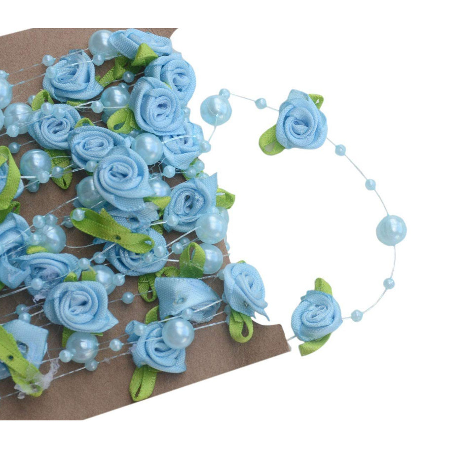1yard Fishing Line Artificial Pearls Beads Handmade Silk Rose Chain Garland Flower DIY Wedding 玫瑰仿珍珠叶串珠丝带 (1174L) - Image 9