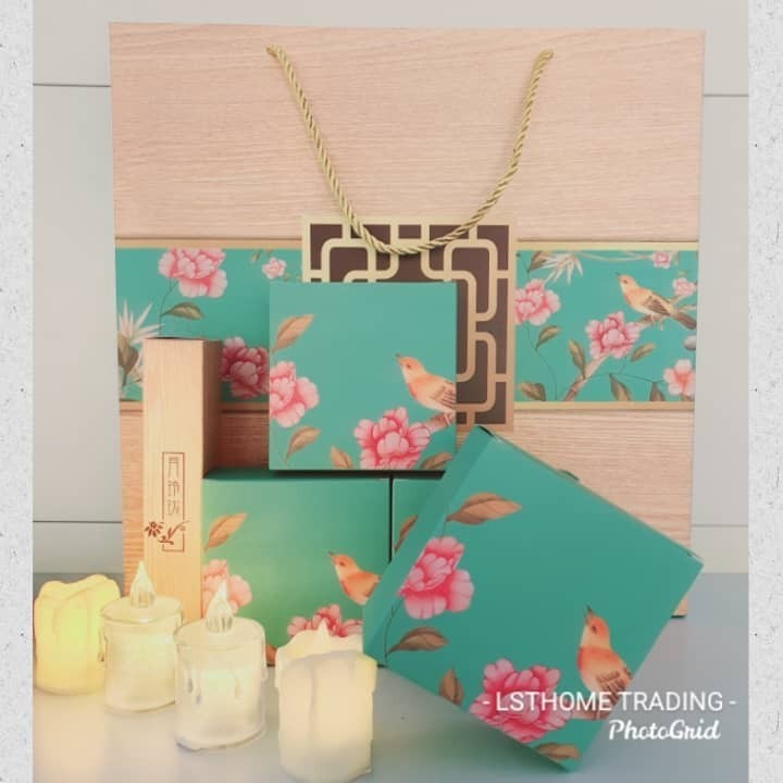 1set Mid-Autumn Moon Cake Chinese Style Flower Bir Box 4+1 Grids Paper Handbag (2922L) - Image 2