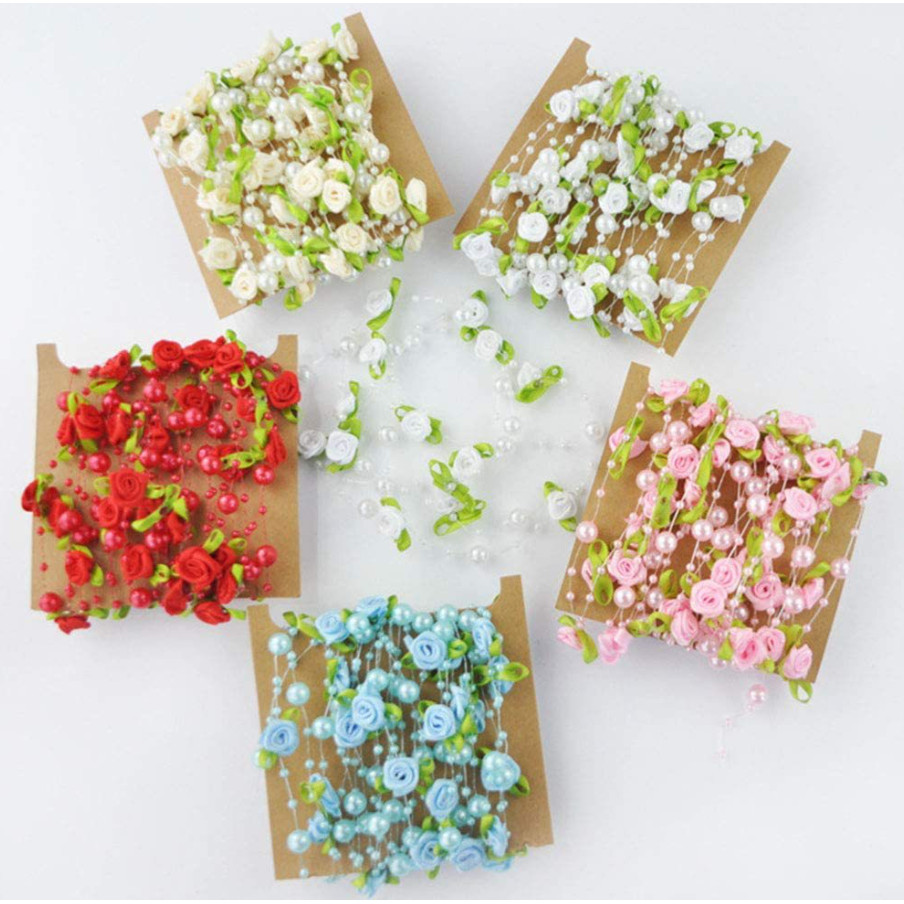 1yard Fishing Line Artificial Pearls Beads Handmade Silk Rose Chain Garland Flower DIY Wedding 玫瑰仿珍珠叶串珠丝带 (1174L) - Image 5