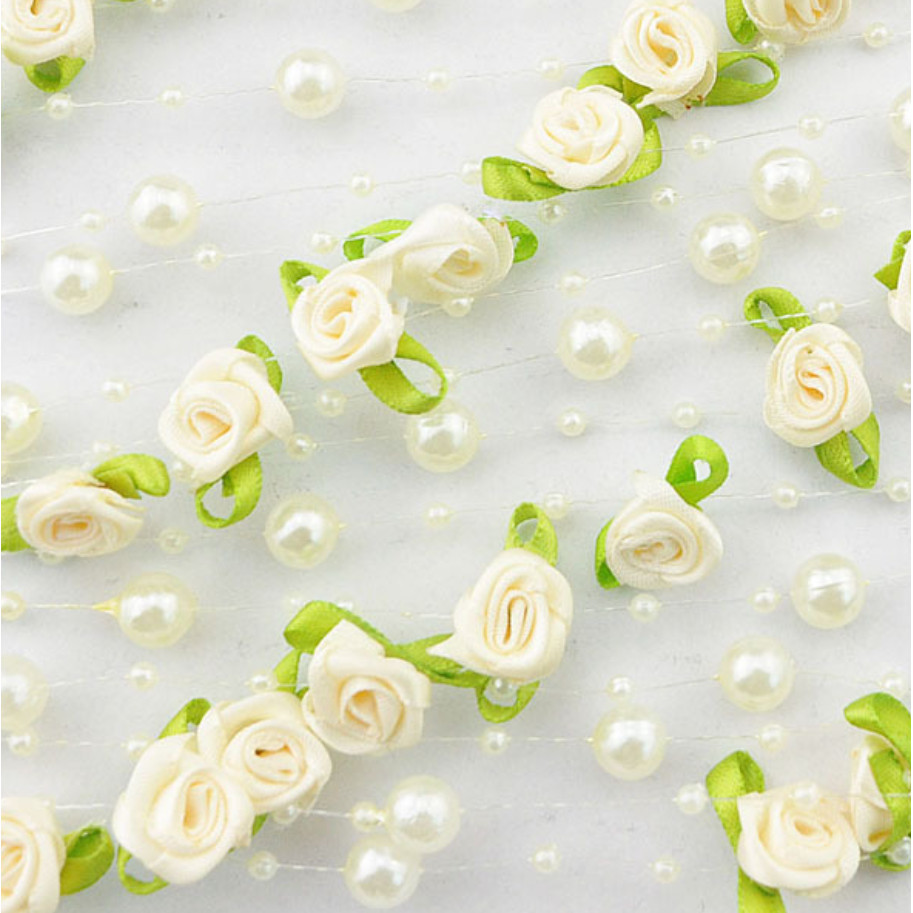 1yard Fishing Line Artificial Pearls Beads Handmade Silk Rose Chain Garland Flower DIY Wedding 玫瑰仿珍珠叶串珠丝带 (1174L) - Image 6