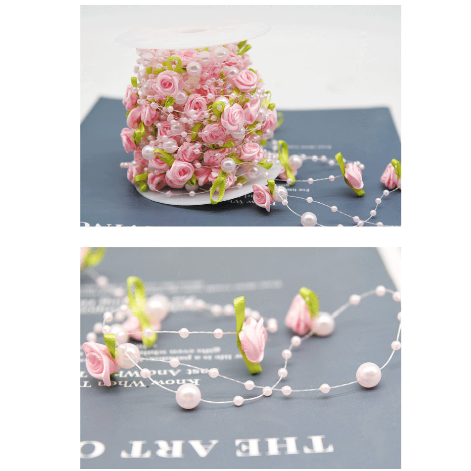 1yard Fishing Line Artificial Pearls Beads Handmade Silk Rose Chain Garland Flower DIY Wedding 玫瑰仿珍珠叶串珠丝带 (1174L) - Image 3