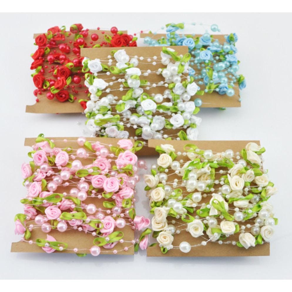 1yard Fishing Line Artificial Pearls Beads Handmade Silk Rose Chain Garland Flower DIY Wedding 玫瑰仿珍珠叶串珠丝带 (1174L) - Image 4