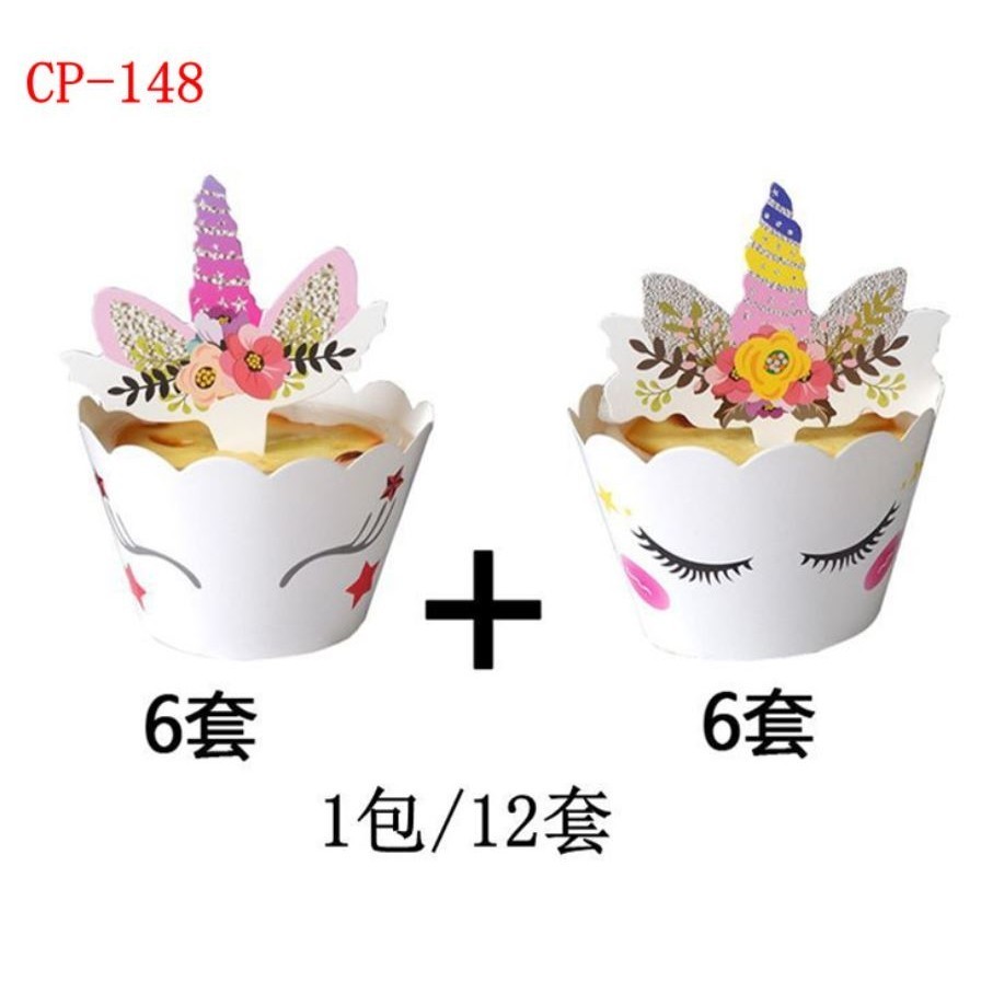12set Birthday Unicorn Cupcake Toppers and Wrappers Birthday Cake Decorations Unicorn Themed Party 独角兽围边独角兽插旗卡片(576L)