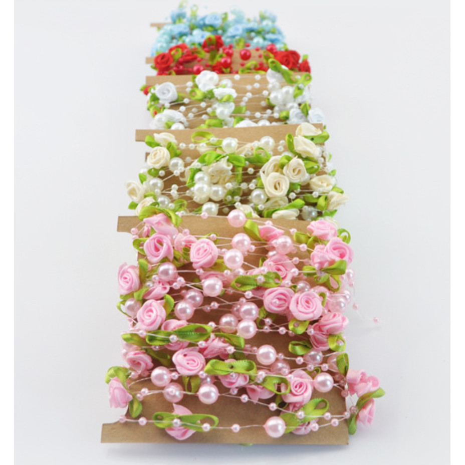 1yard Fishing Line Artificial Pearls Beads Handmade Silk Rose Chain Garland Flower DIY Wedding 玫瑰仿珍珠叶串珠丝带 (1174L)