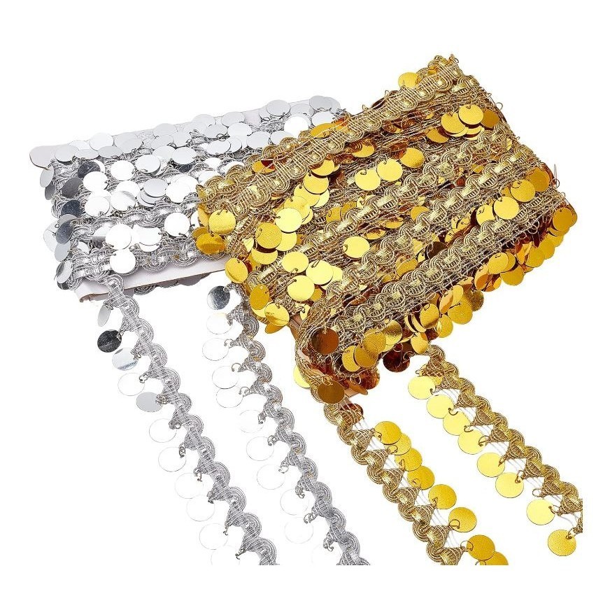 1yard Belly Dance Tassel with Bling Sequins Coins Gold Silver Polyester Curtain Decoration SequinTassel Trim 金银花边 (2974L - Image 5