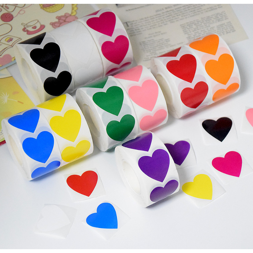 500pcs/roll or 50pcs 1inch color heart decorative wholesale label sealing roll adhesive sticker for gift box爱心贴纸 (3014L)