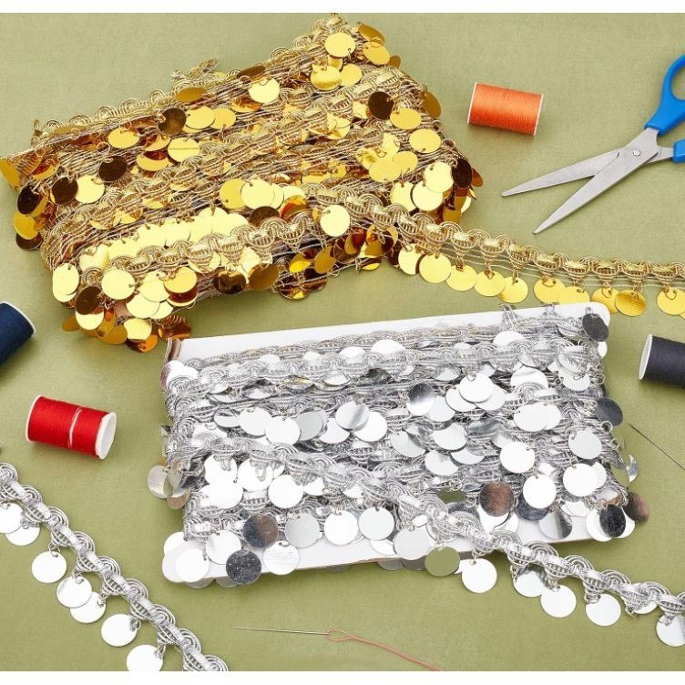 1yard Belly Dance Tassel with Bling Sequins Coins Gold Silver Polyester Curtain Decoration SequinTassel Trim 金银花边 (2974L