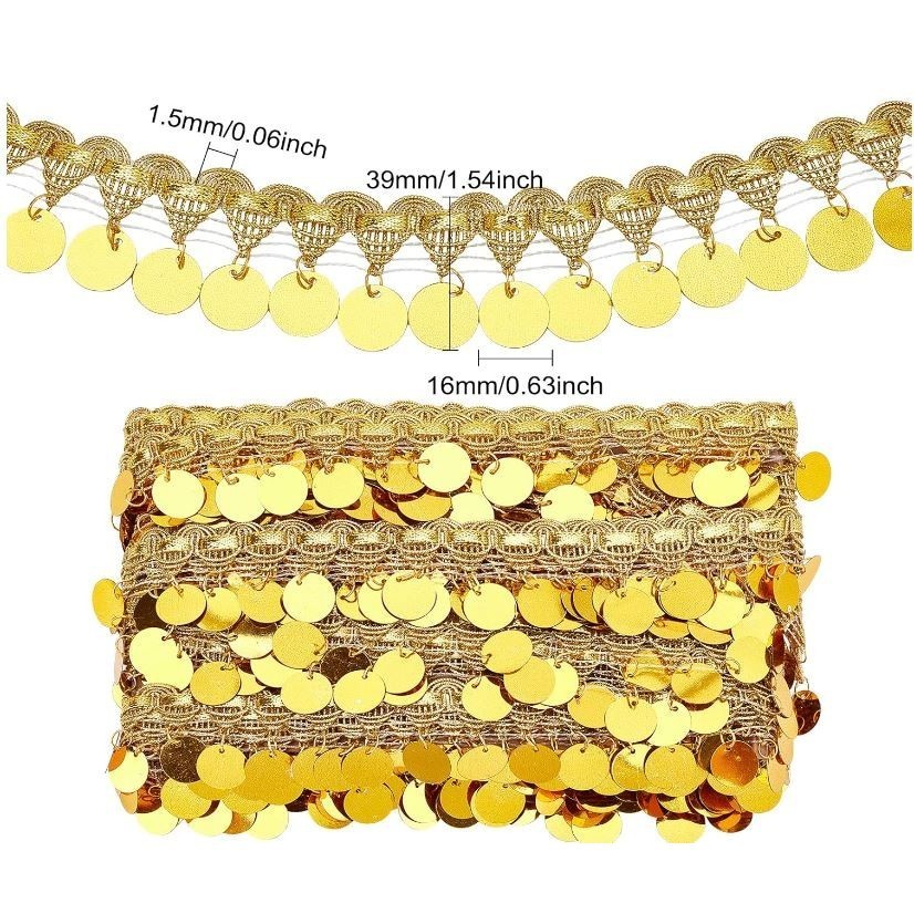 1yard Belly Dance Tassel with Bling Sequins Coins Gold Silver Polyester Curtain Decoration SequinTassel Trim 金银花边 (2974L - Image 4